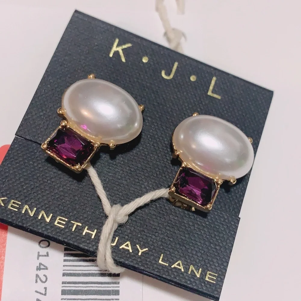NWT Kenneth Jay Lane Purple Amethyst Crystal Pearl Clip On Earring - Picture 7 of 10